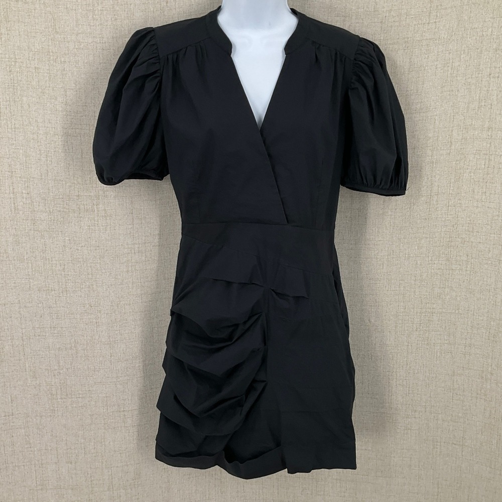 Ba&sh Mini Dress Women Large Black Cotton Ruched Puff Sleeve V-Neck Designer